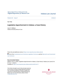 Legislative Apportionment in Indiana: a Case History