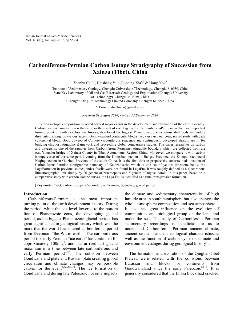 Carboniferous-Permian Carbon Isotope Stratigraphy of Succession from Xainza (Tibet), China