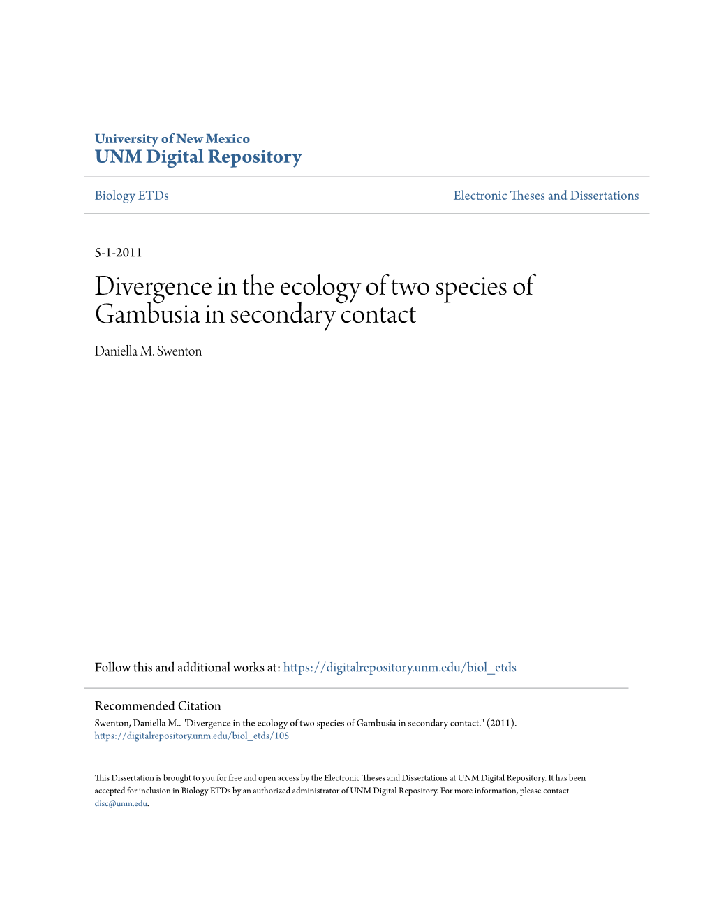 Divergence in the Ecology of Two Species of Gambusia in Secondary Contact Daniella M