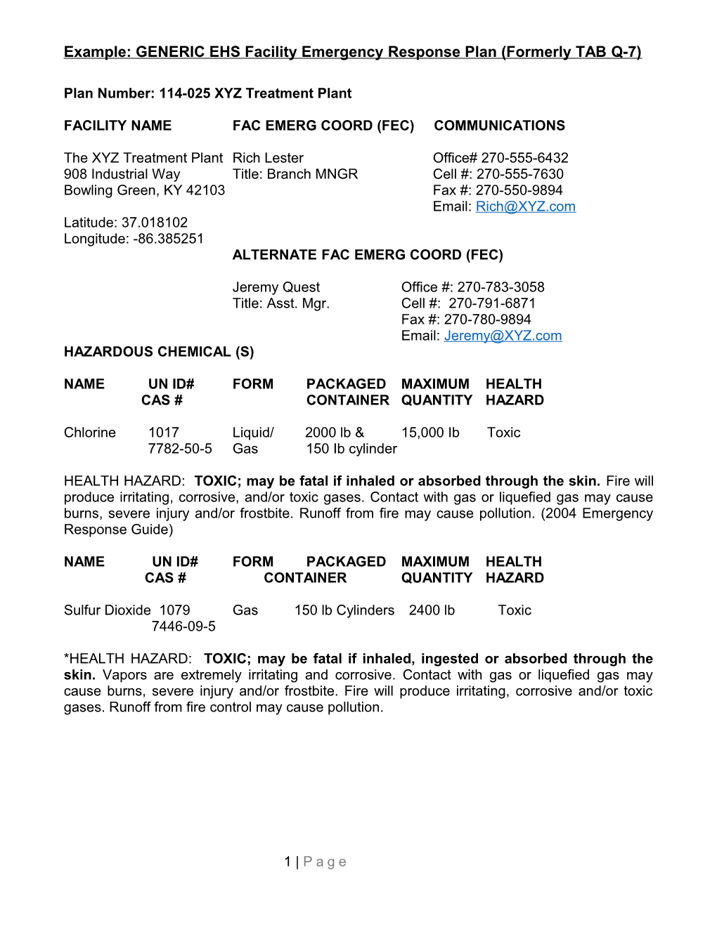 304-EP, EXAMPLE EHS Facility Emergency Response Plan, 2017