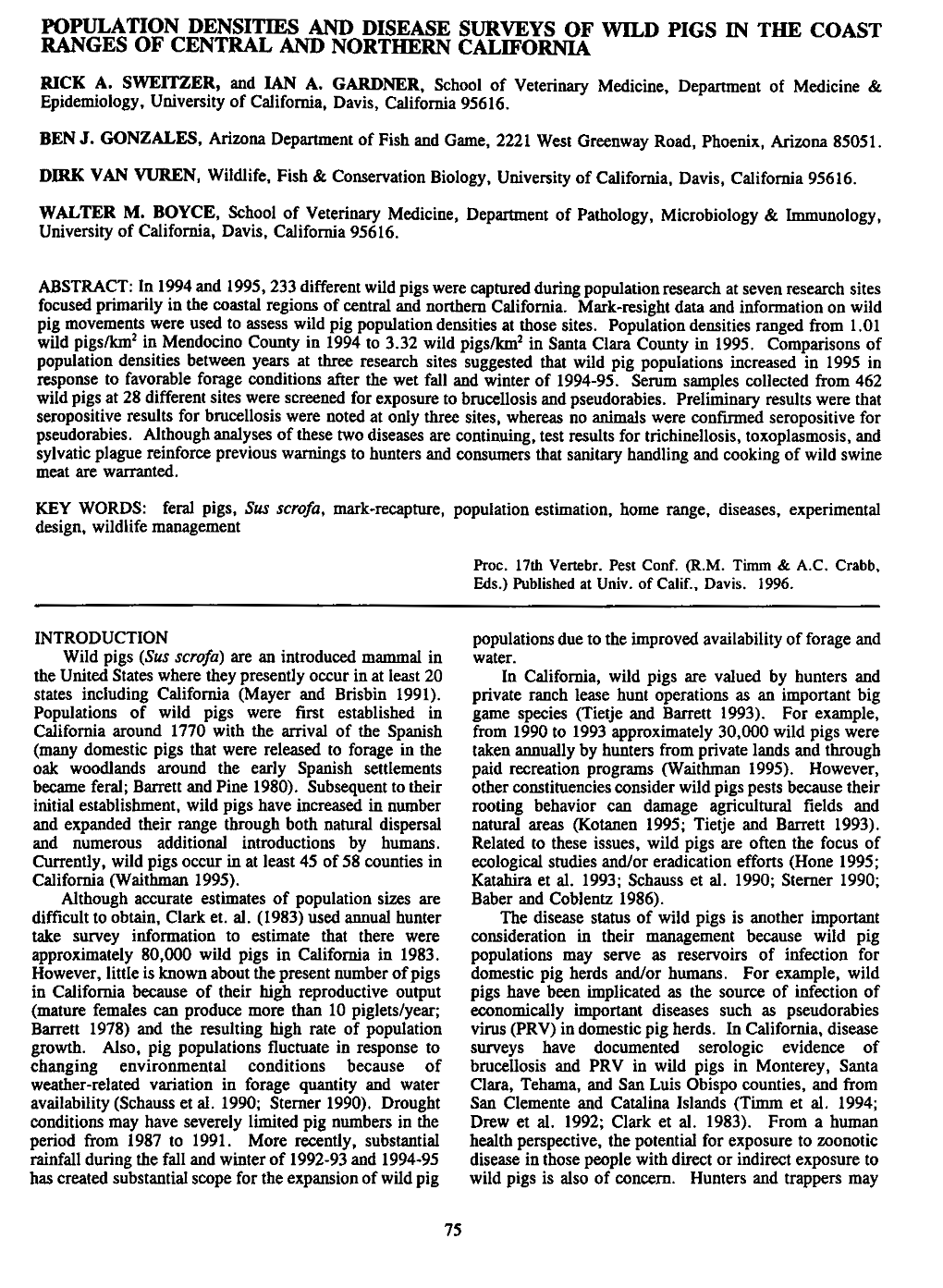 Population Densities and Disease Surveys of Wild Pigs in the Coast Ranges of Central and Northern California