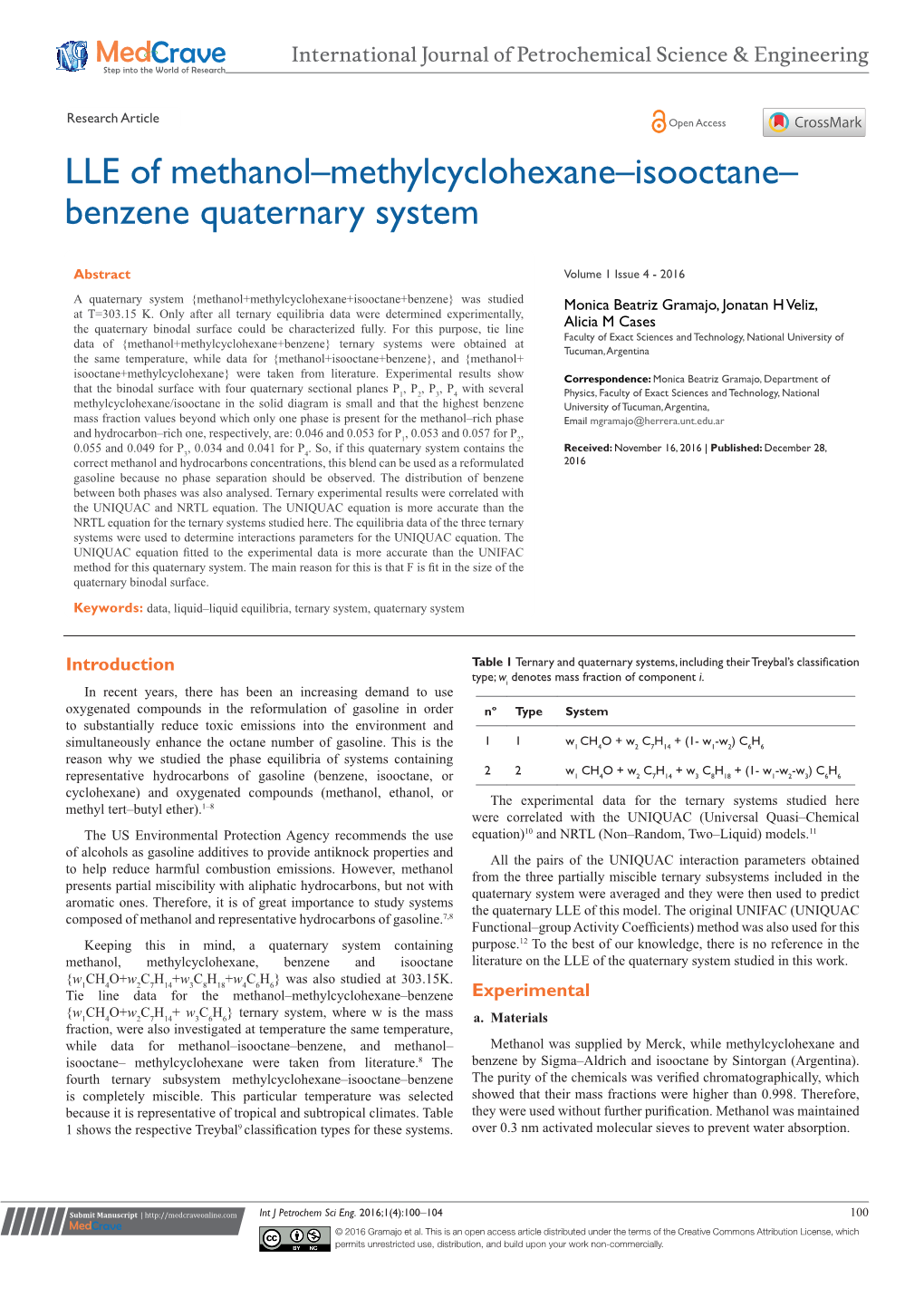 LLE of Methanol–Methylcyclohexane–Isooctane–Benzene Quaternary System ©2016 Gramajo Et Al