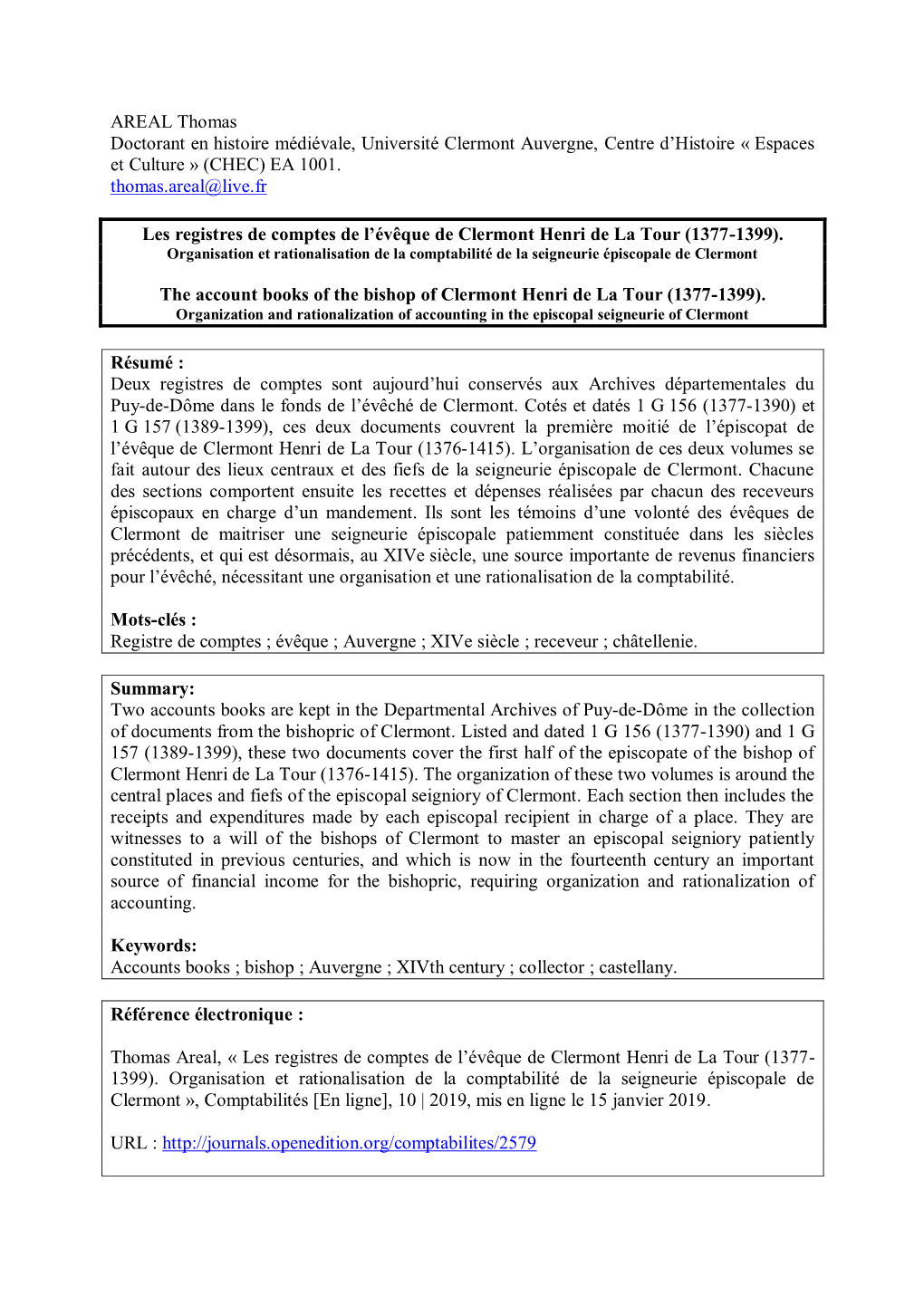 AREAL Thomas Doctorant En Histoire Médiévale, Université Clermont Auvergne, Centre D’Histoire « Espaces Et Culture » (CHEC) EA 1001