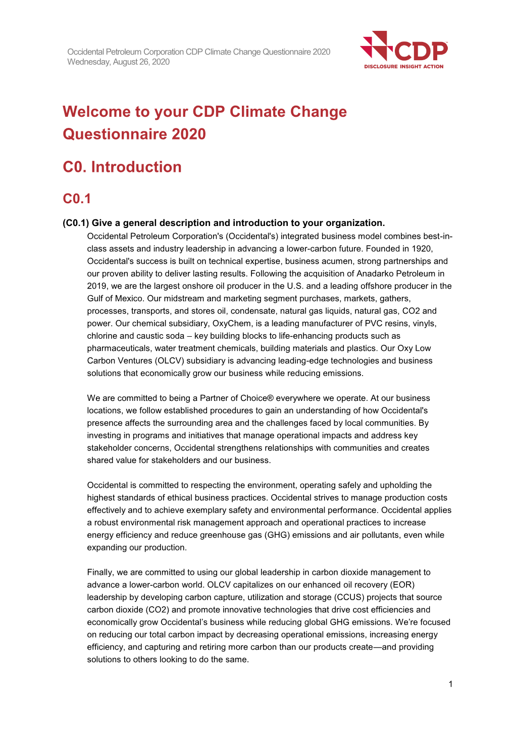 Welcome to Your CDP Climate Change Questionnaire 2020