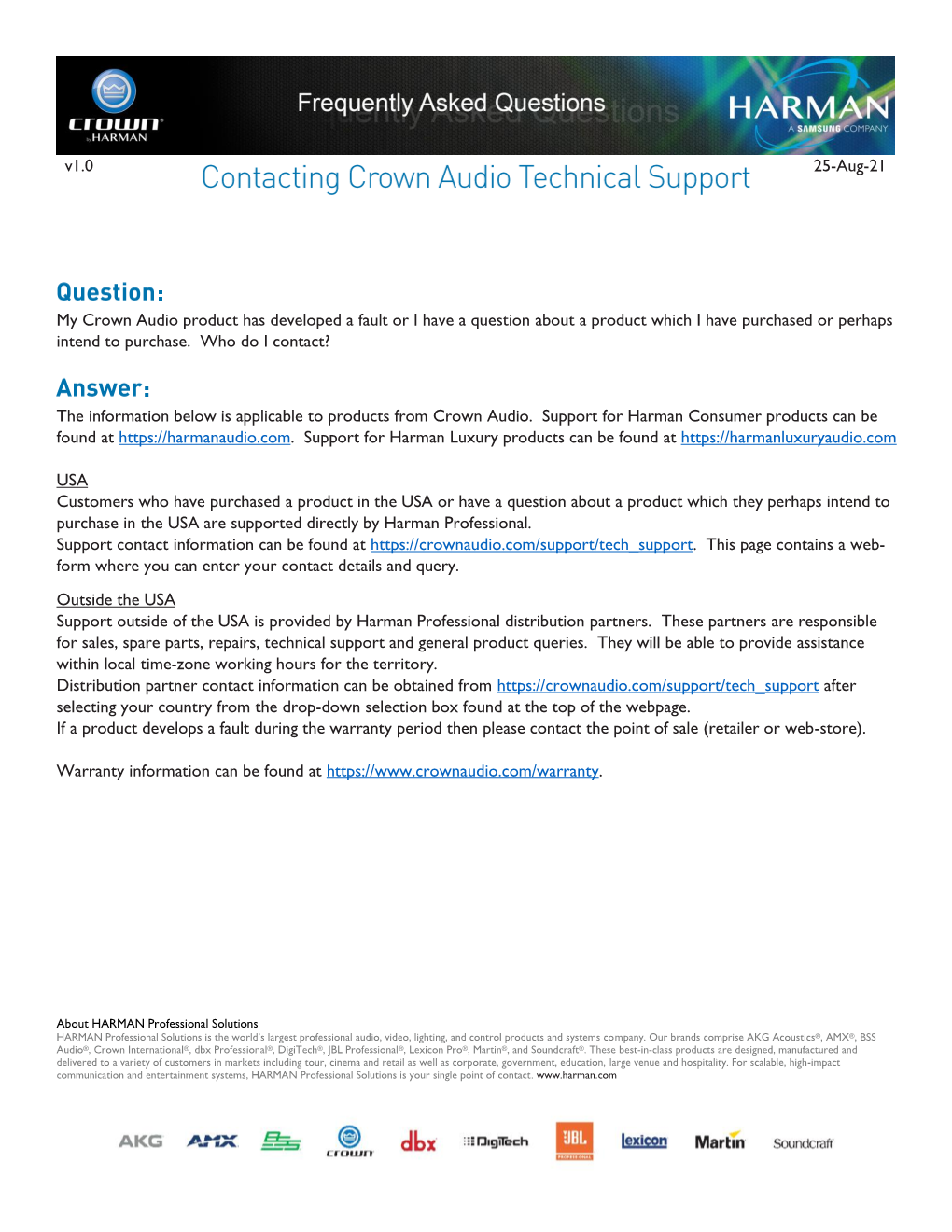 Contacting Crown Audio Technical Support