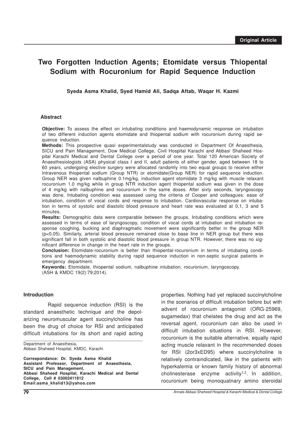 Etomidate Versus Thiopental Sodium with Rocuronium for Rapid Sequence Induction