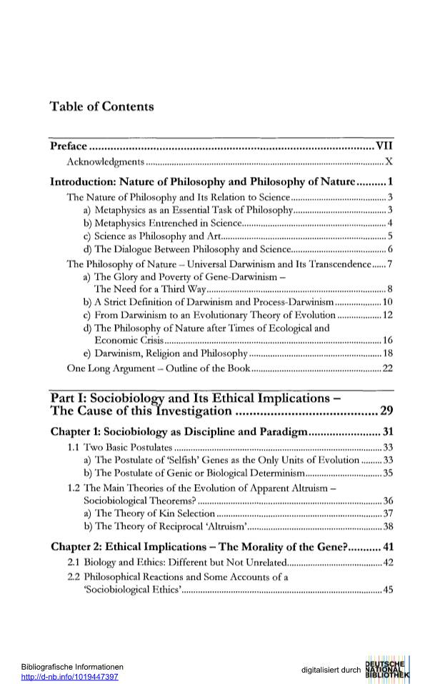 Table of Contents Part I: Sociobiology and Its Ethical Implications — The