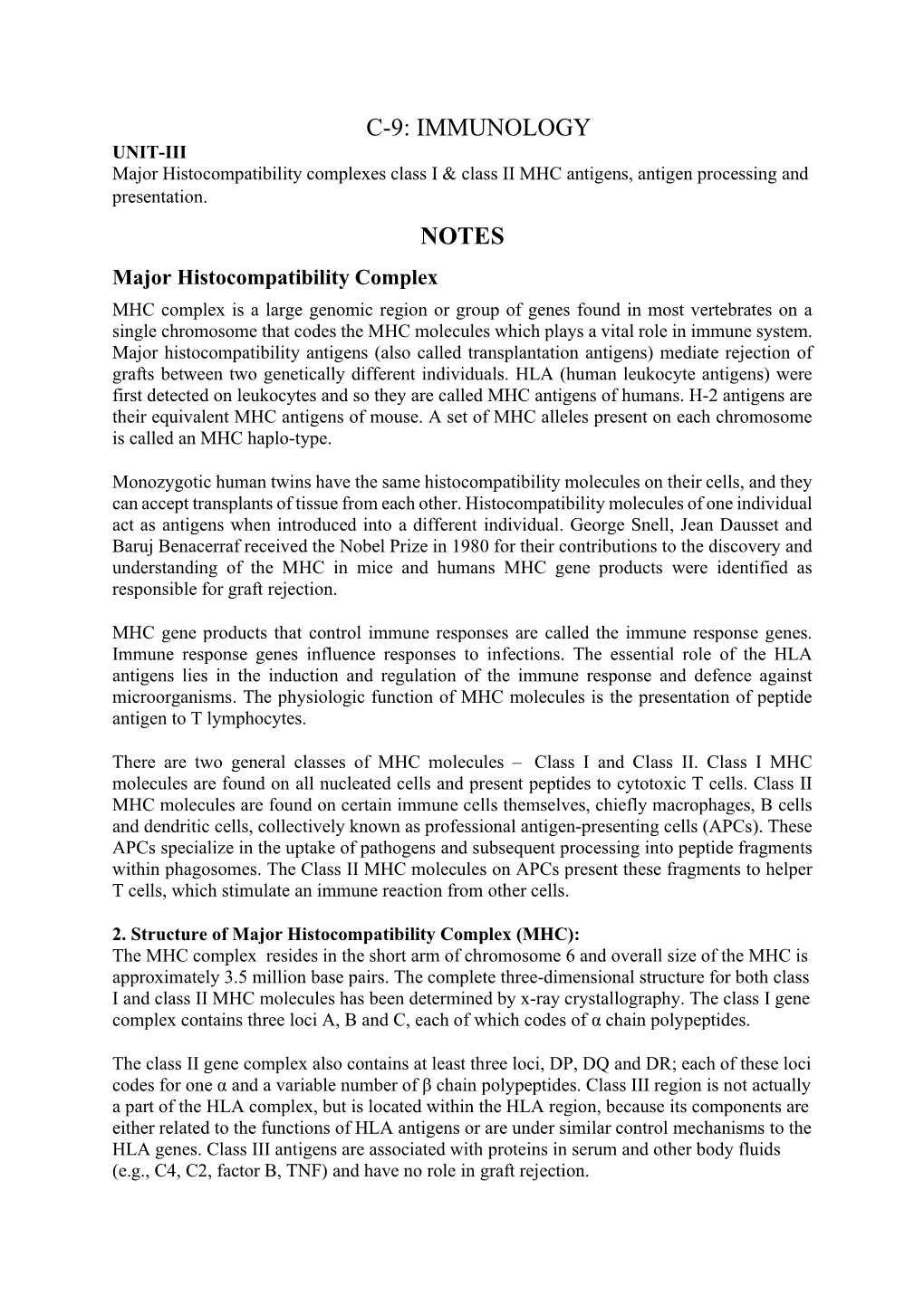 Notes C-9: Immunology