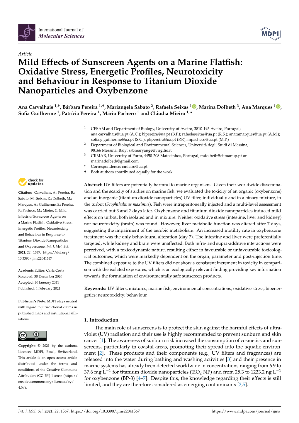 Mild Effects of Sunscreen Agents on a Marine Flatfish: Oxidative Stress
