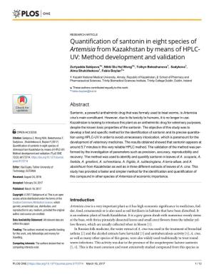 Quantification of Santonin in Eight Species of Artemisia from Kazakhstan by Means of HPLC-UV