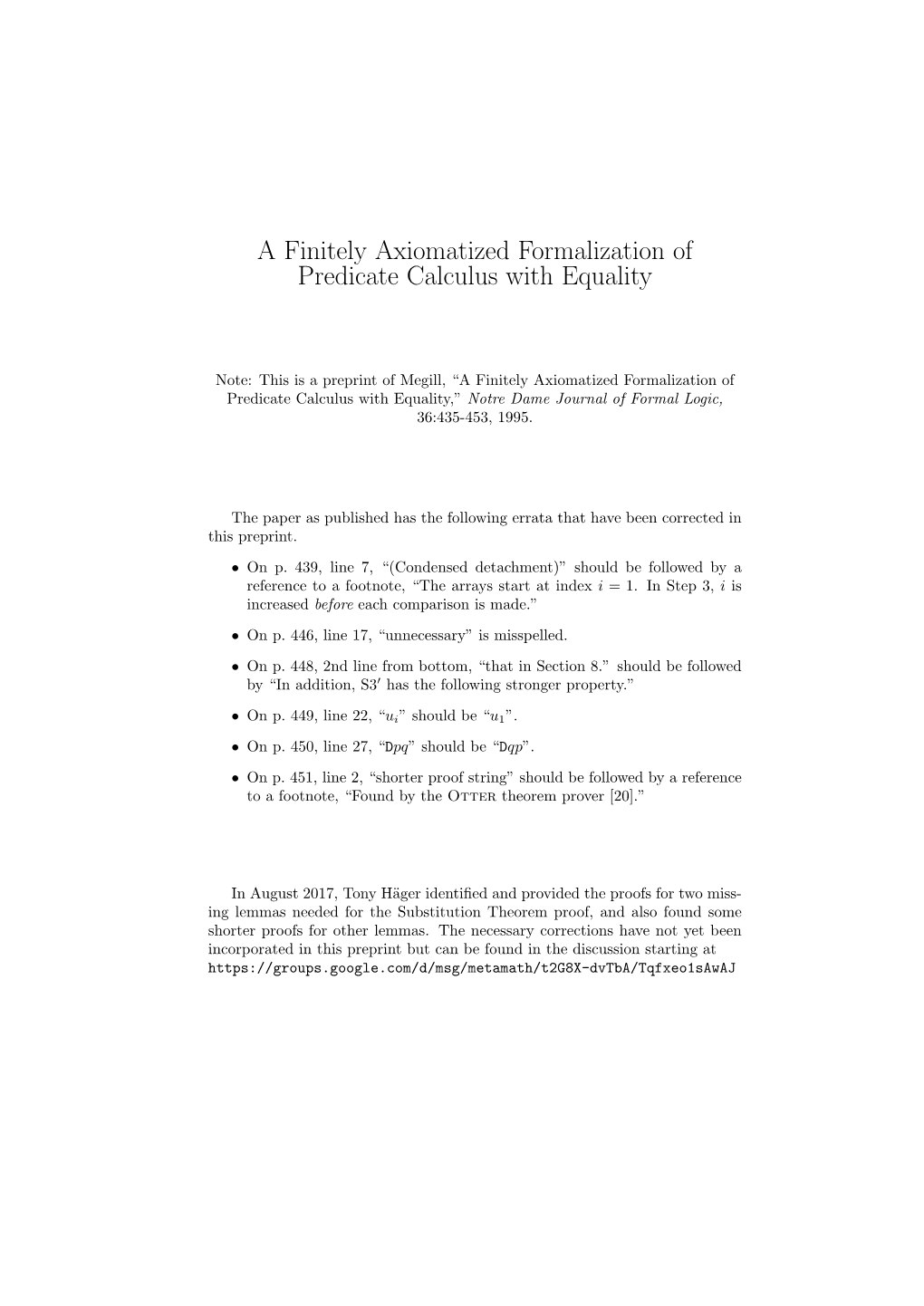 A Finitely Axiomatized Formalization of Predicate Calculus with Equality