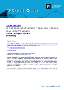 A Question of Ethnicity: Ndzundza Ndebele in a Lebowa Village Article (Accepted Version) (Refereed)