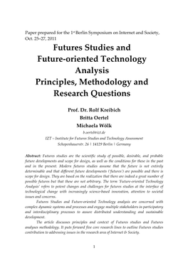 Futures Studies and Future-Oriented Technology Analysis Principles, Methodology And