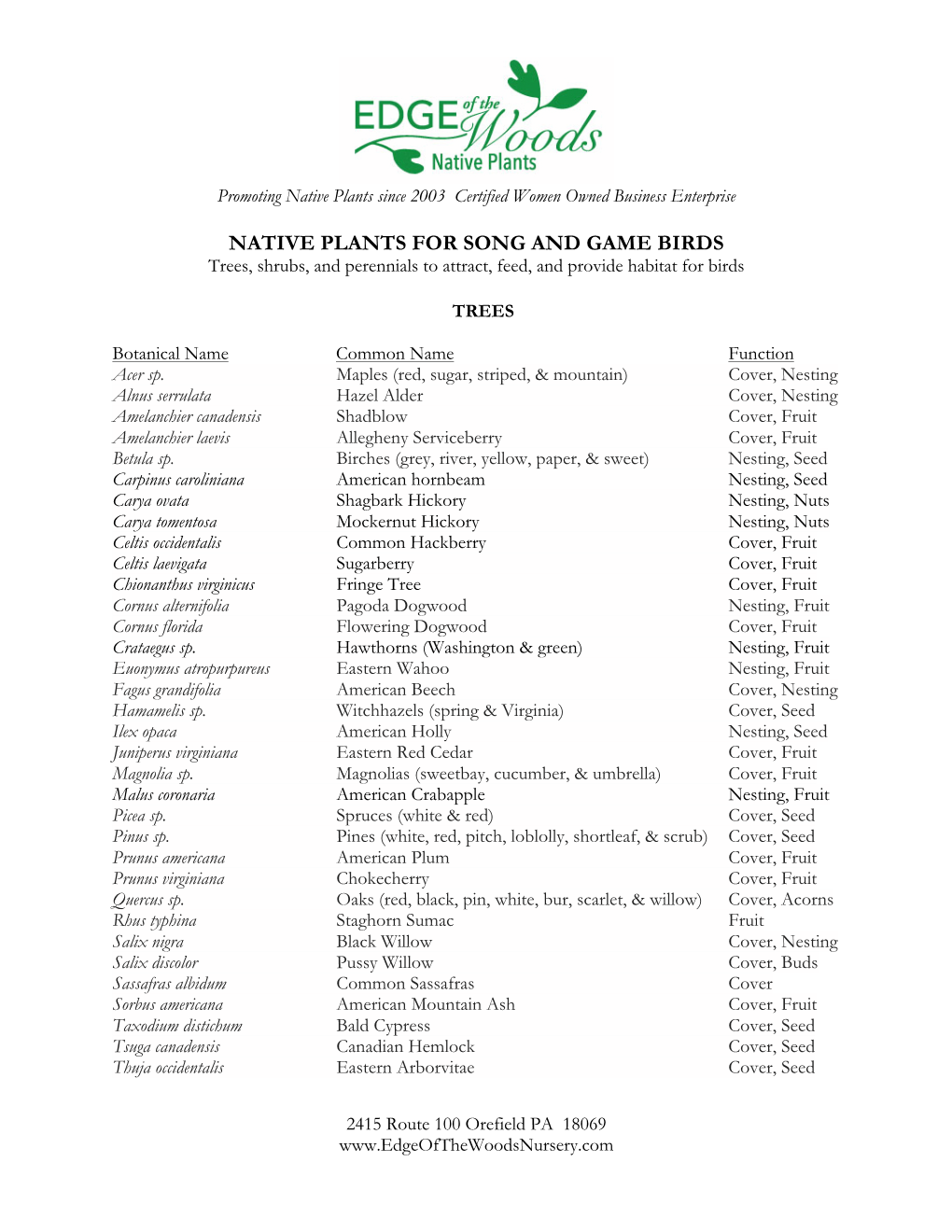 NATIVE PLANTS for SONG and GAME BIRDS Trees, Shrubs, and Perennials to ...