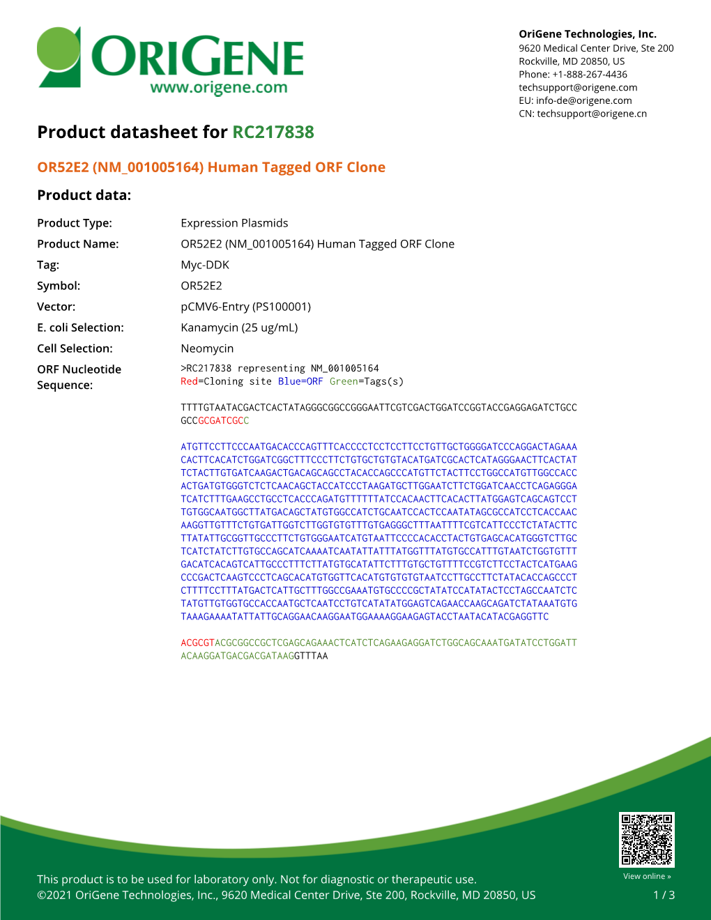 OR52E2 (NM 001005164) Human Tagged ORF Clone Product Data