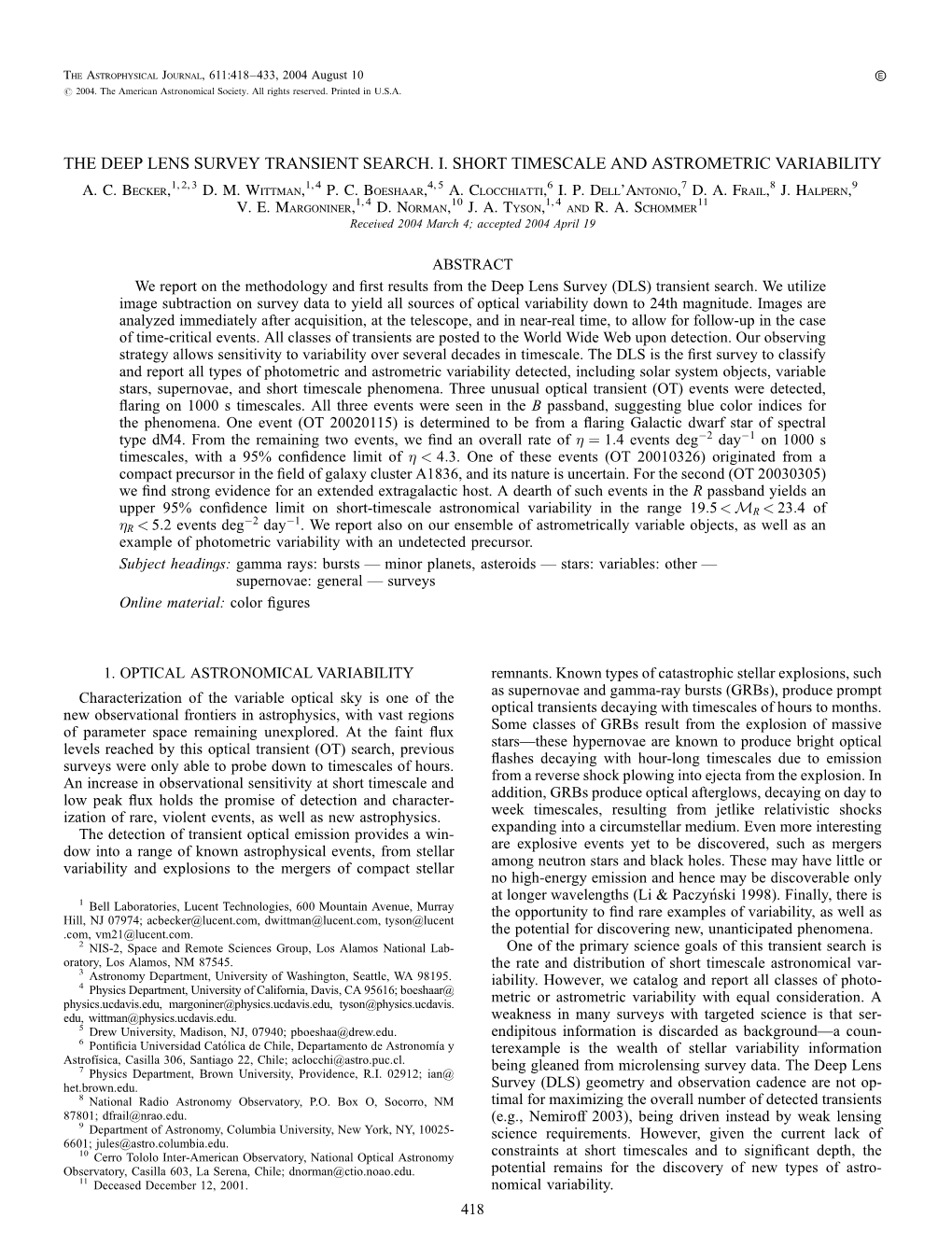 The Deep Lens Survey Transient Search. I. Short Timescale and Astrometric Variability A