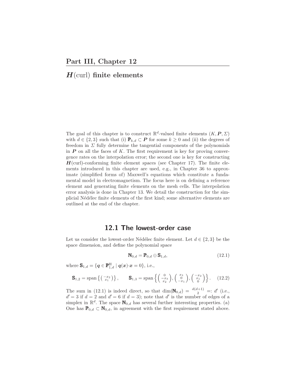 Part III, Chapter 12 H(Curl) Finite Elements 12.1 the Lowest-Order Case