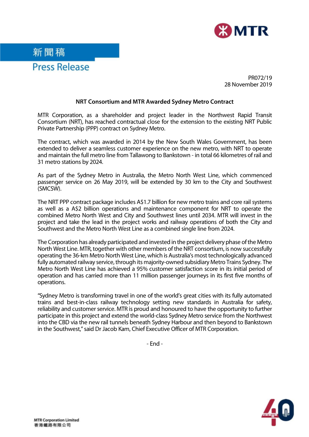 PR072/19 28 November 2019 NRT Consortium and MTR Awarded