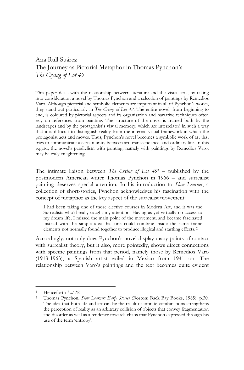 Ana Rull Suárez the Journey As Pictorial Metaphor in Thomas Pynchon’S the Crying of Lot 49