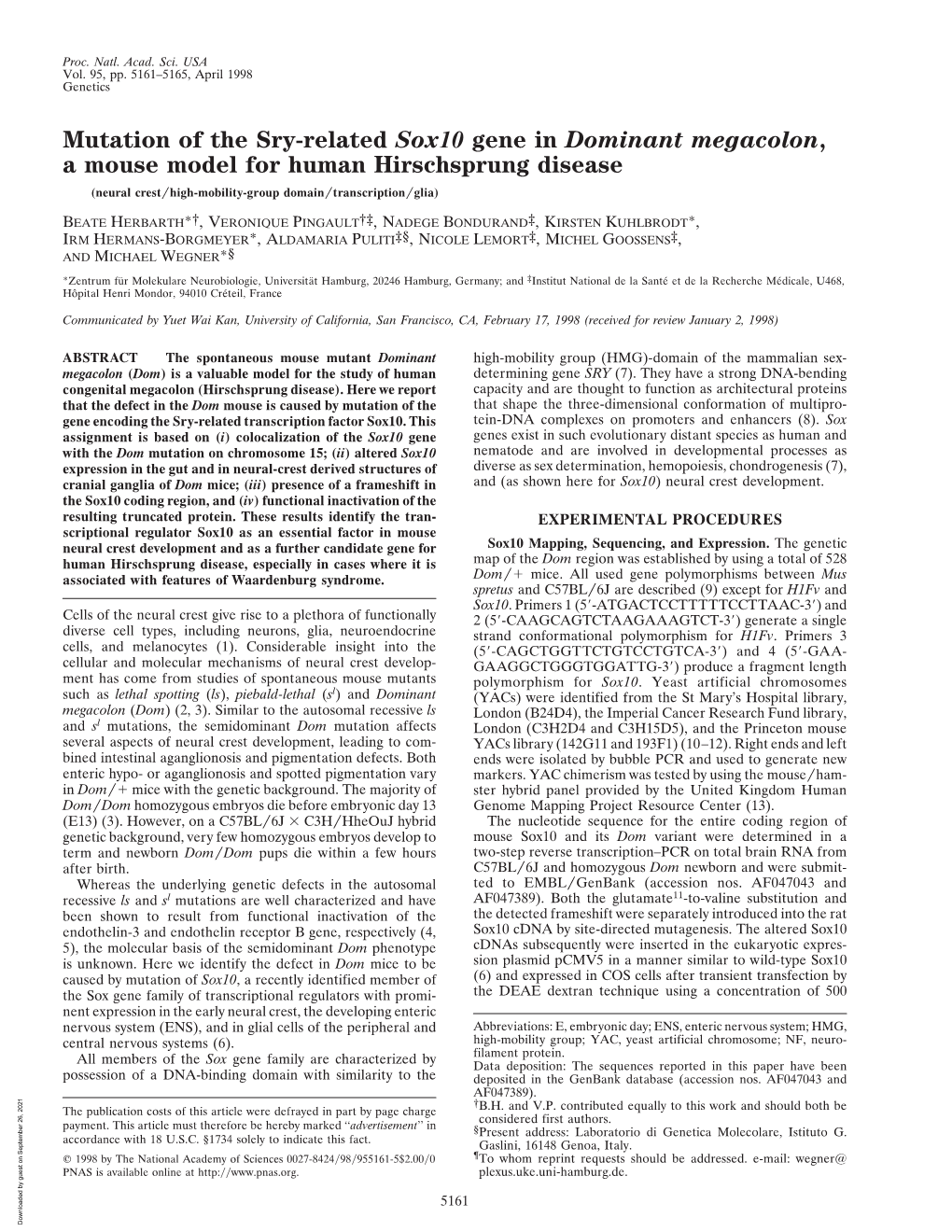 Mutation of the Sry-Related Sox10 Gene in Dominant Megacolon, A