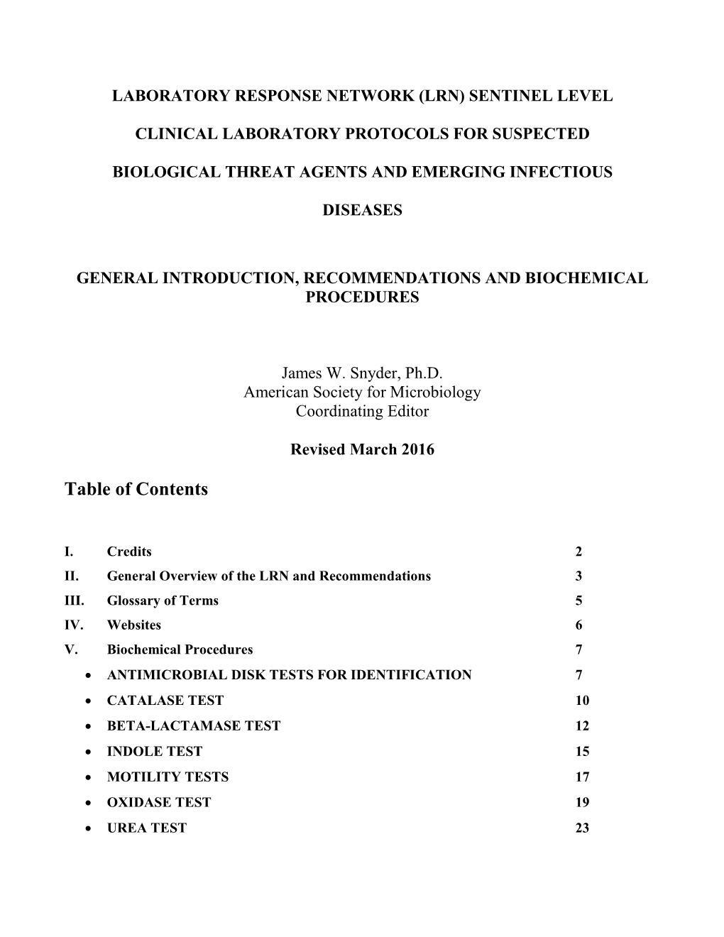 (Lrn) Sentinel Level Clinical Laboratory Protocols For