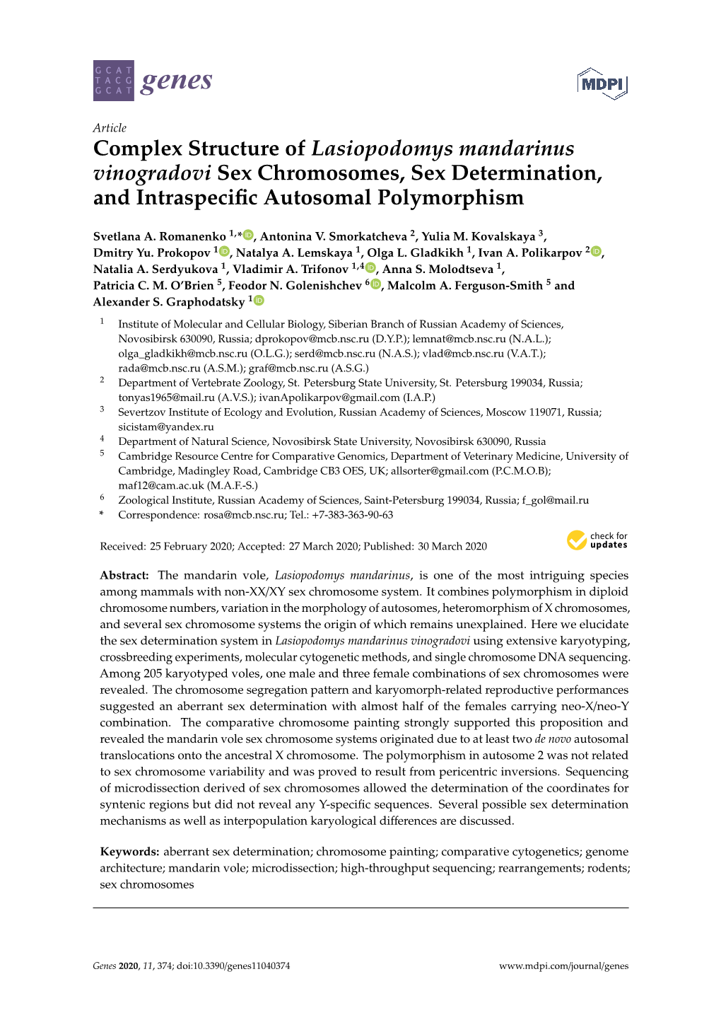 Complex Structure of Lasiopodomys Mandarinus Vinogradovi Sex Chromosomes, Sex Determination, and Intraspecific Autosomal Polymor
