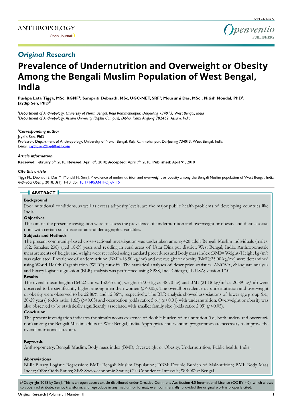 Prevalence of Undernutrition and Overweight Or Obesity Among the Bengali Muslim Population of West Bengal, India