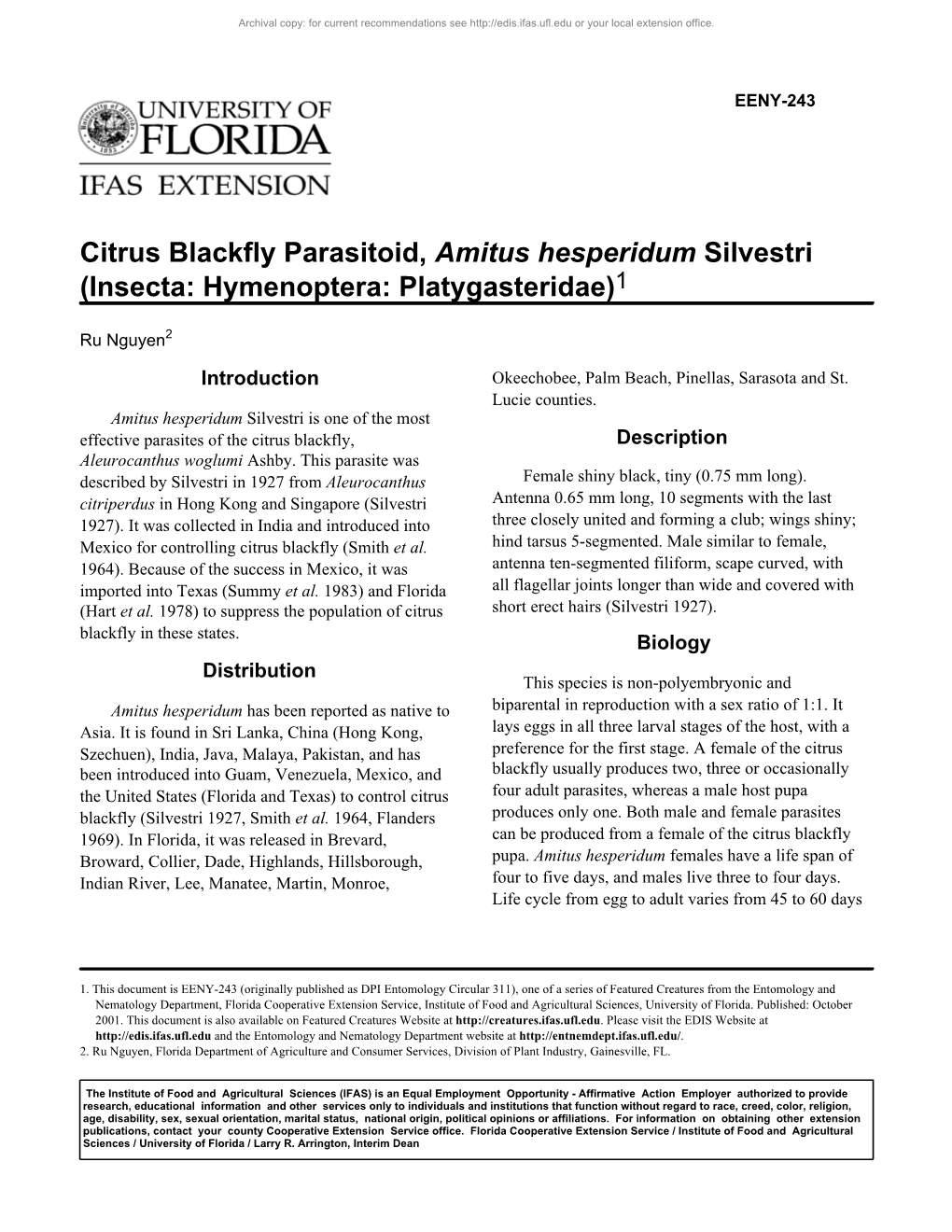 Citrus Blackfly Parasitoid, Amitus Hesperidum Silvestri (Insecta: Hymenoptera: Platygasteridae)1