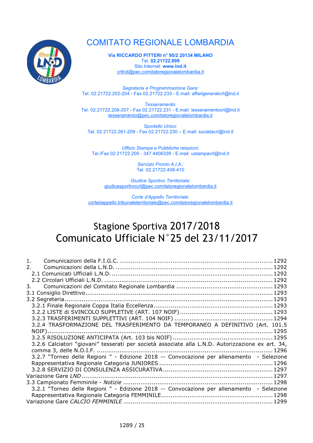 Comunicato Ufficiale N°25 Del 23/11/2017