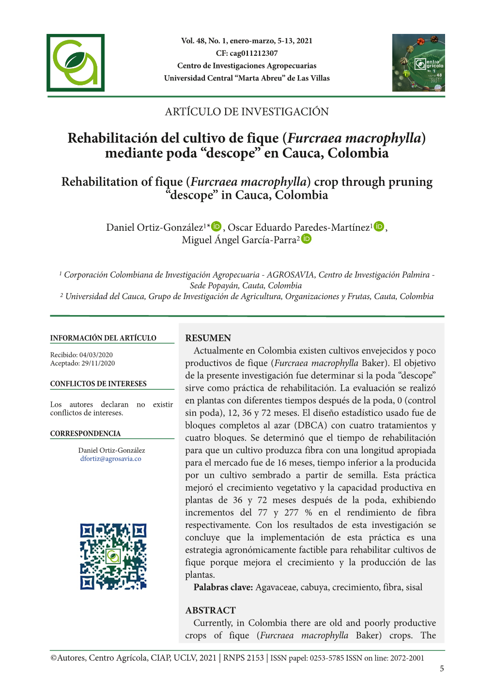 Rehabilitación Del Cultivo De Fique (Furcraea Macrophylla) Mediante Poda “Descope” En Cauca, Colombia