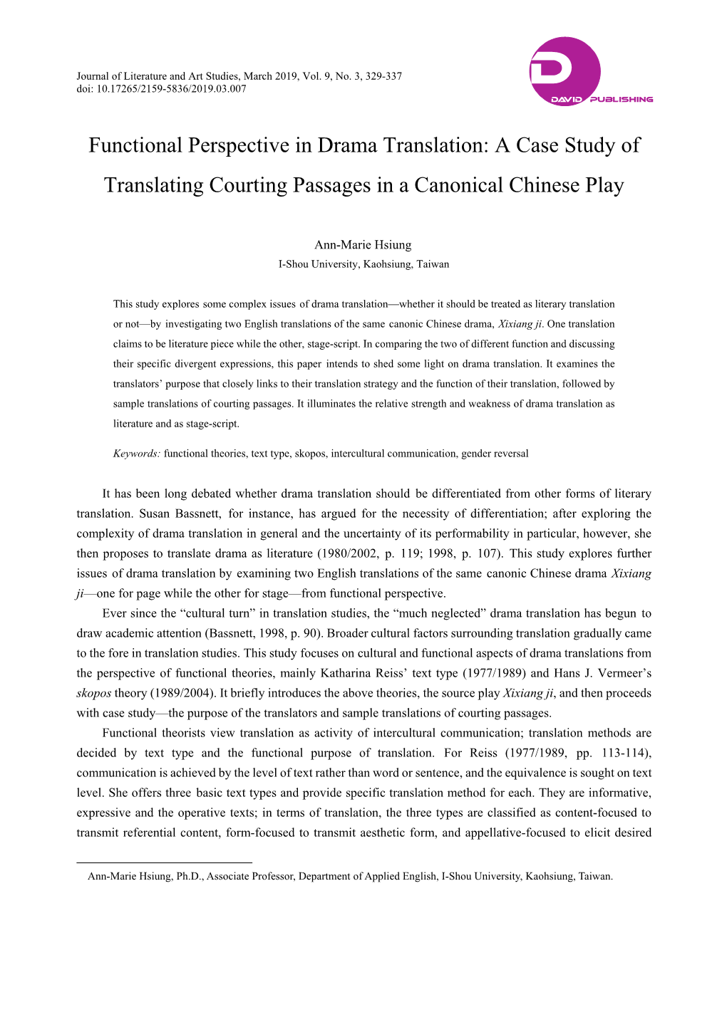 Functional Perspective in Drama Translation: a Case Study of Translating Courting Passages in a Canonical Chinese Play