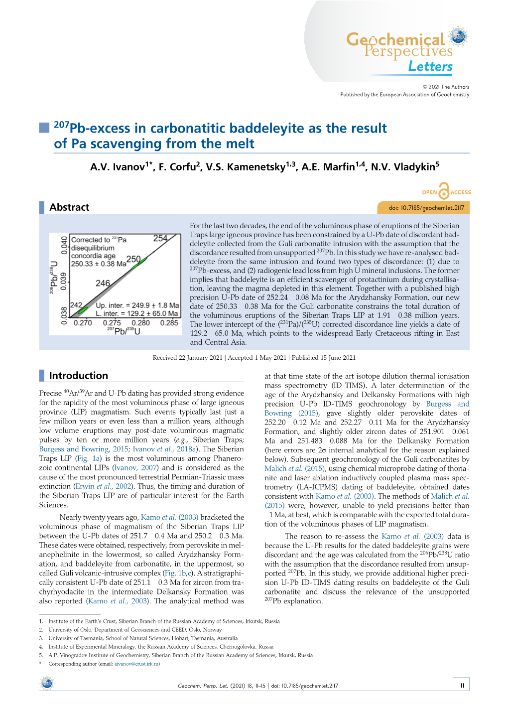 207Pb-Excess in Carbonatitic Baddeleyite As the Result of Pa Scavenging from the Melt