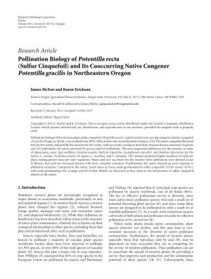 Pollination Biology of Potentilla Recta (Sulfur Cinquefoil) and Its Cooccurring Native Congener Potentilla Gracilis in Northeastern Oregon