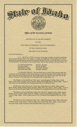 Idaho Certificate of Ascertainment 2016
