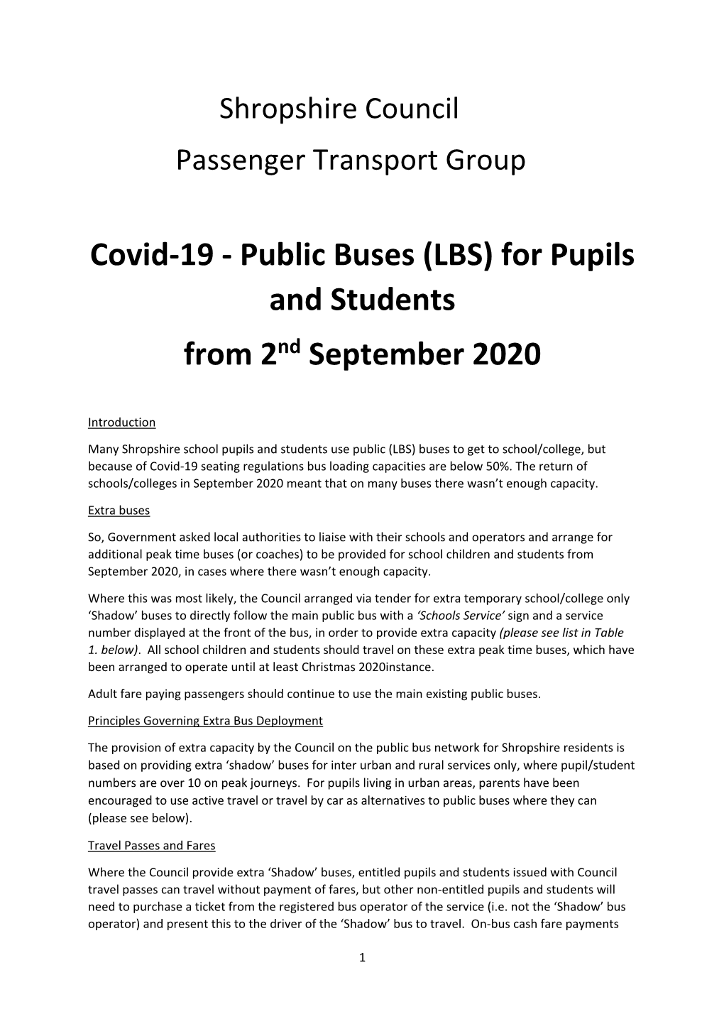 Covid-19 - Public Buses (LBS) for Pupils and Students from 2Nd September 2020