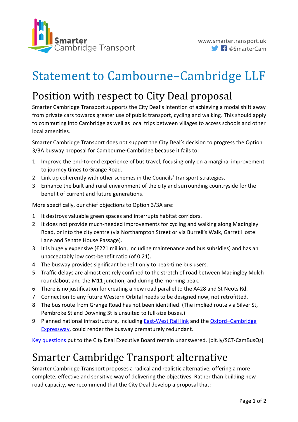 Statement to Cambourne–Cambridge