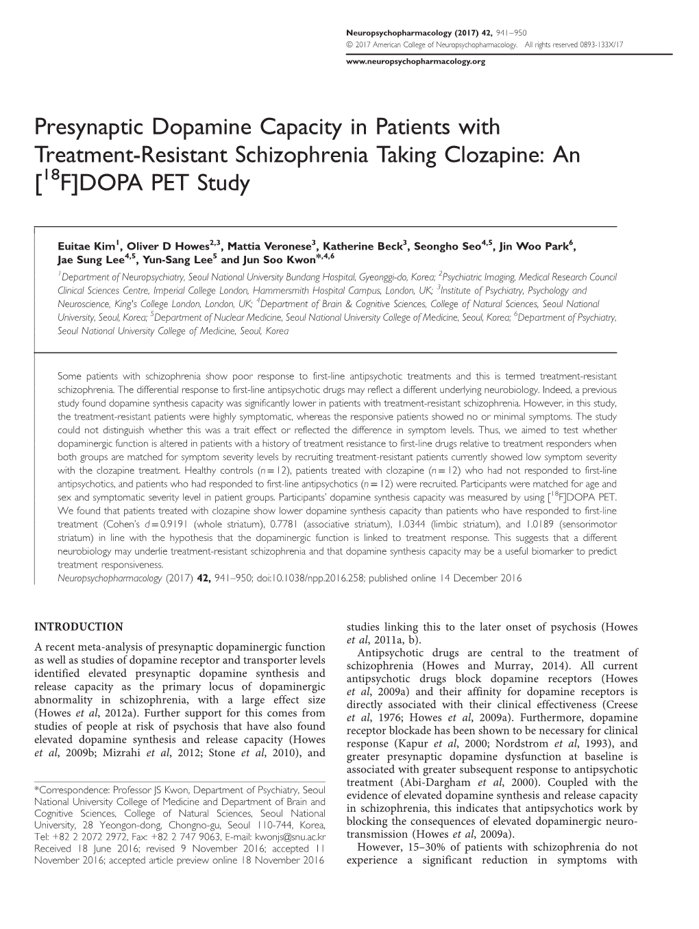 Presynaptic Dopamine Capacity in Patients with Treatment-Resistant Schizophrenia Taking Clozapine: an [18F]DOPA PET Study