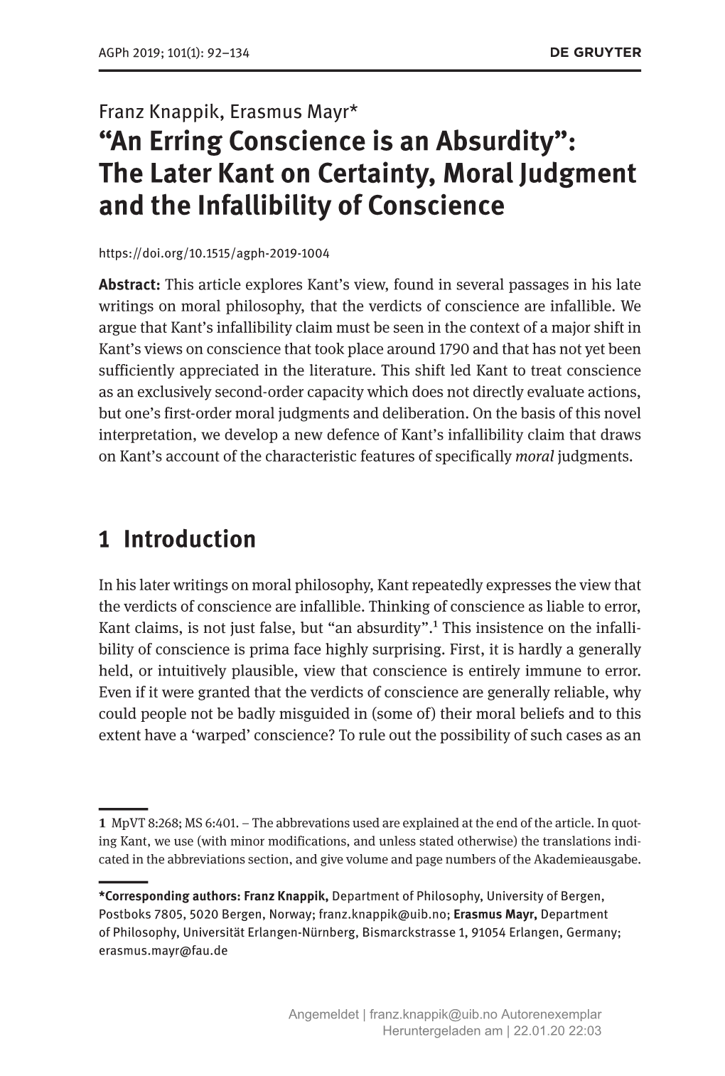 The Later Kant on Certainty, Moral Judgment and the Infallibility of Conscience