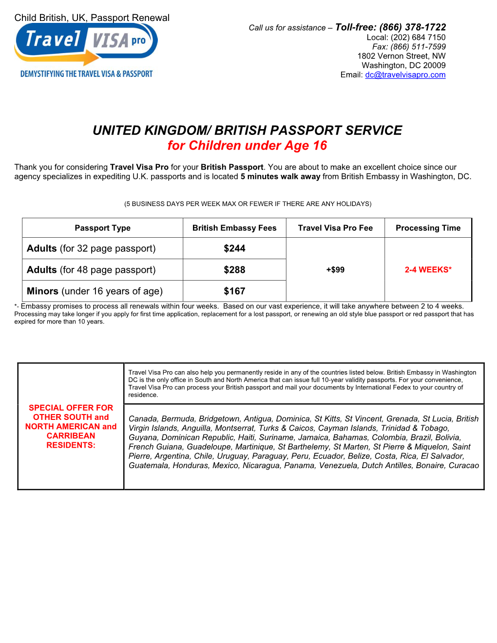 BRITISH PASSPORT SERVICE for Children Under Age 16