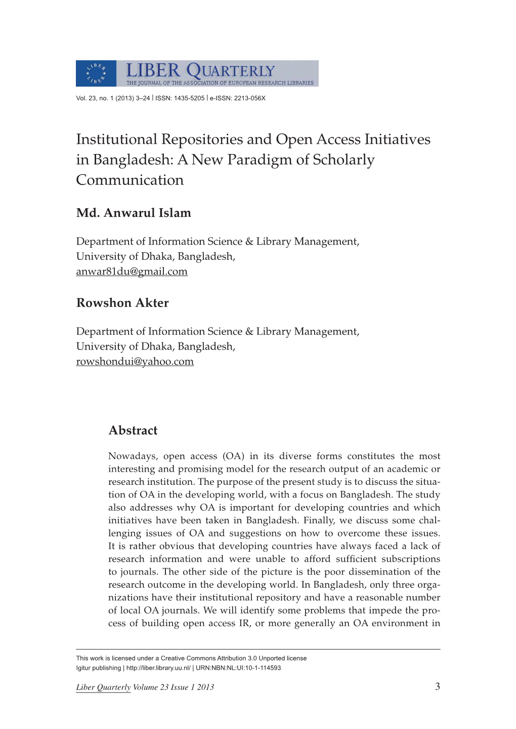 Institutional Repositories and Open Access Initiatives in Bangladesh: a New Paradigm of Scholarly Communication