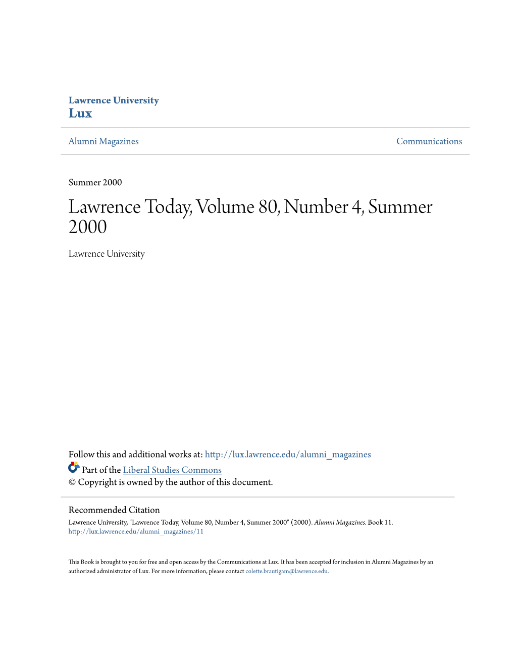 Lawrence Today, Volume 80, Number 4, Summer 2000 Lawrence University