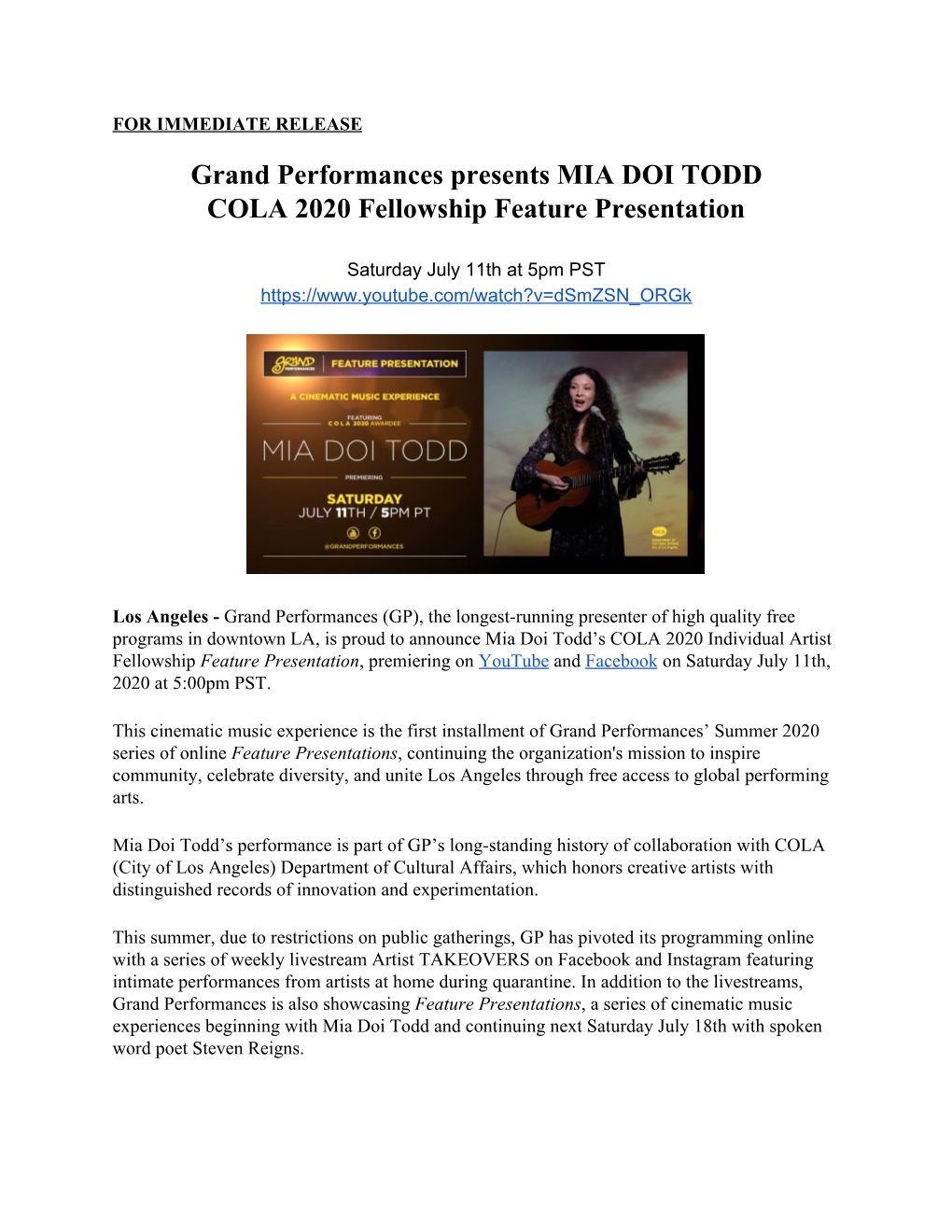 July 11, 2020 Grand Performances Presents Mia Doi Todd Cola 2020