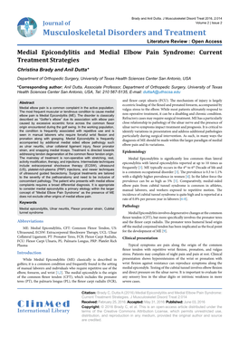 Medial Epicondylitis and Medial Elbow Pain Syndrome: Current Treatment Strategies Christina Brady and Anil Dutta*