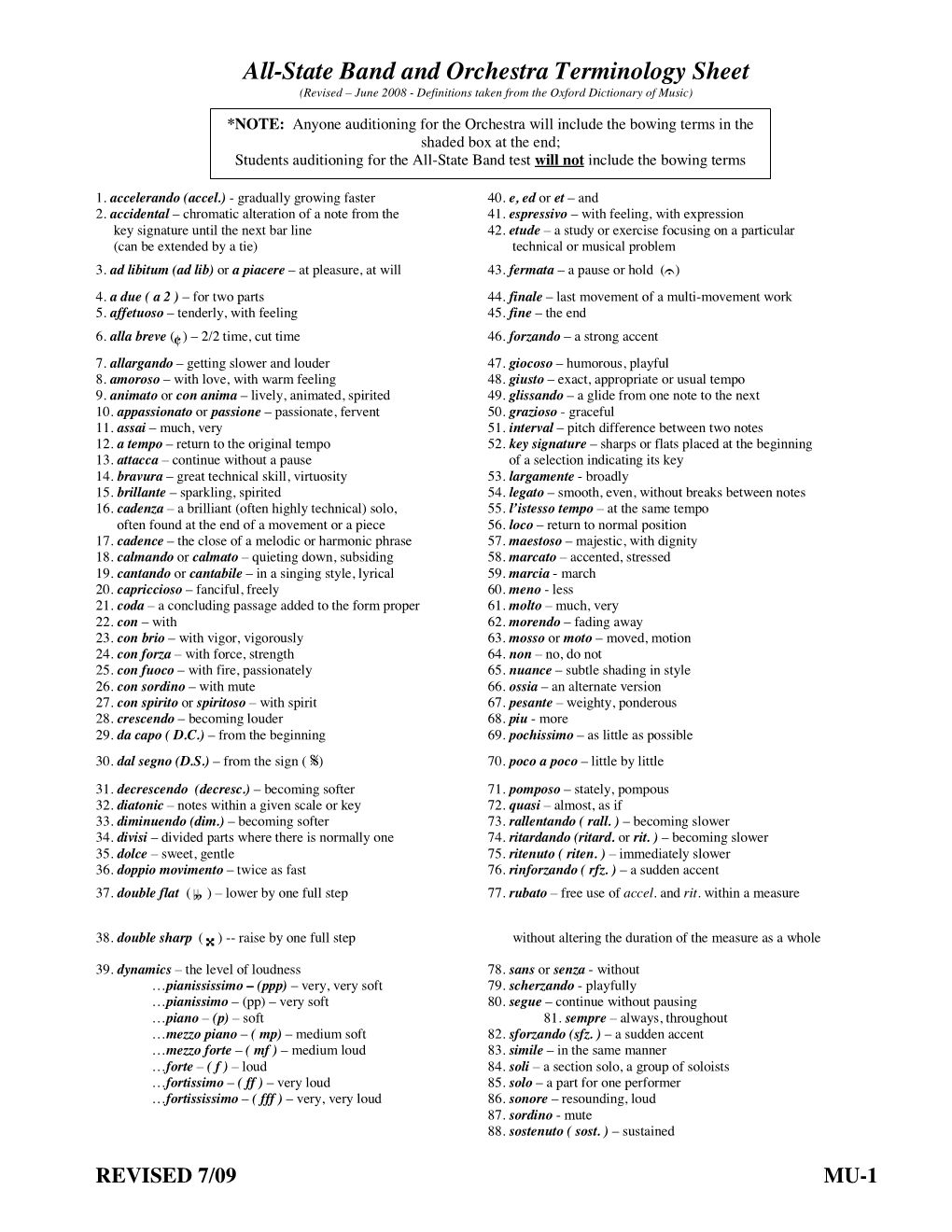 All-State Band and Orchestra Terminology Sheet (Revised – June 2008 - Definitions Taken from the Oxford Dictionary of Music)