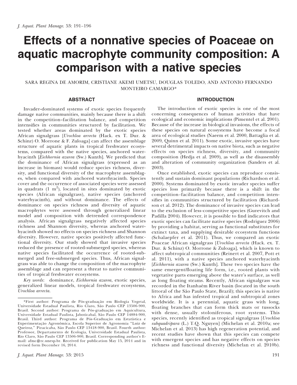 Effects of a Nonnative Species of Poaceae on Aquatic Macrophyte Community Composition: a Comparison with a Native Species