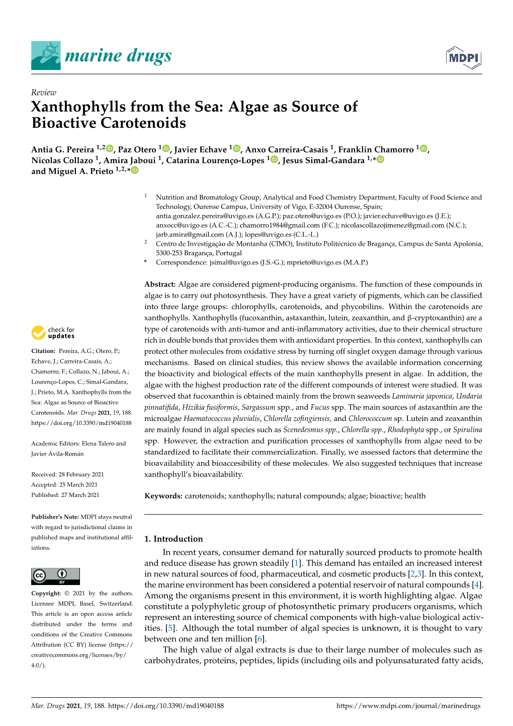 Xanthophylls from the Sea: Algae As Source of Bioactive Carotenoids