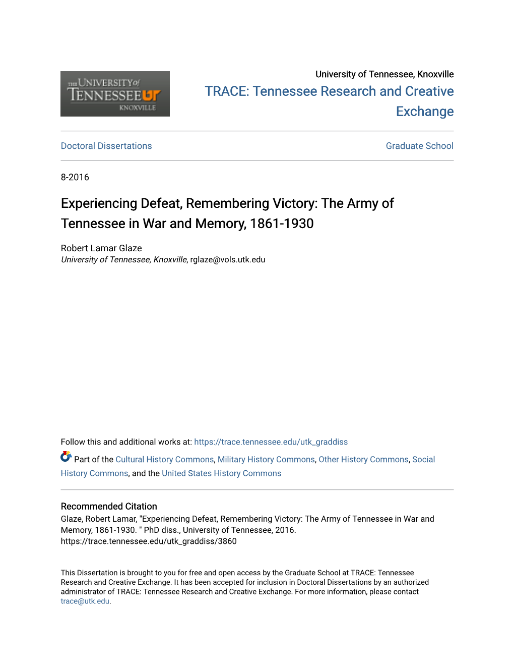 The Army of Tennessee in War and Memory, 1861-1930