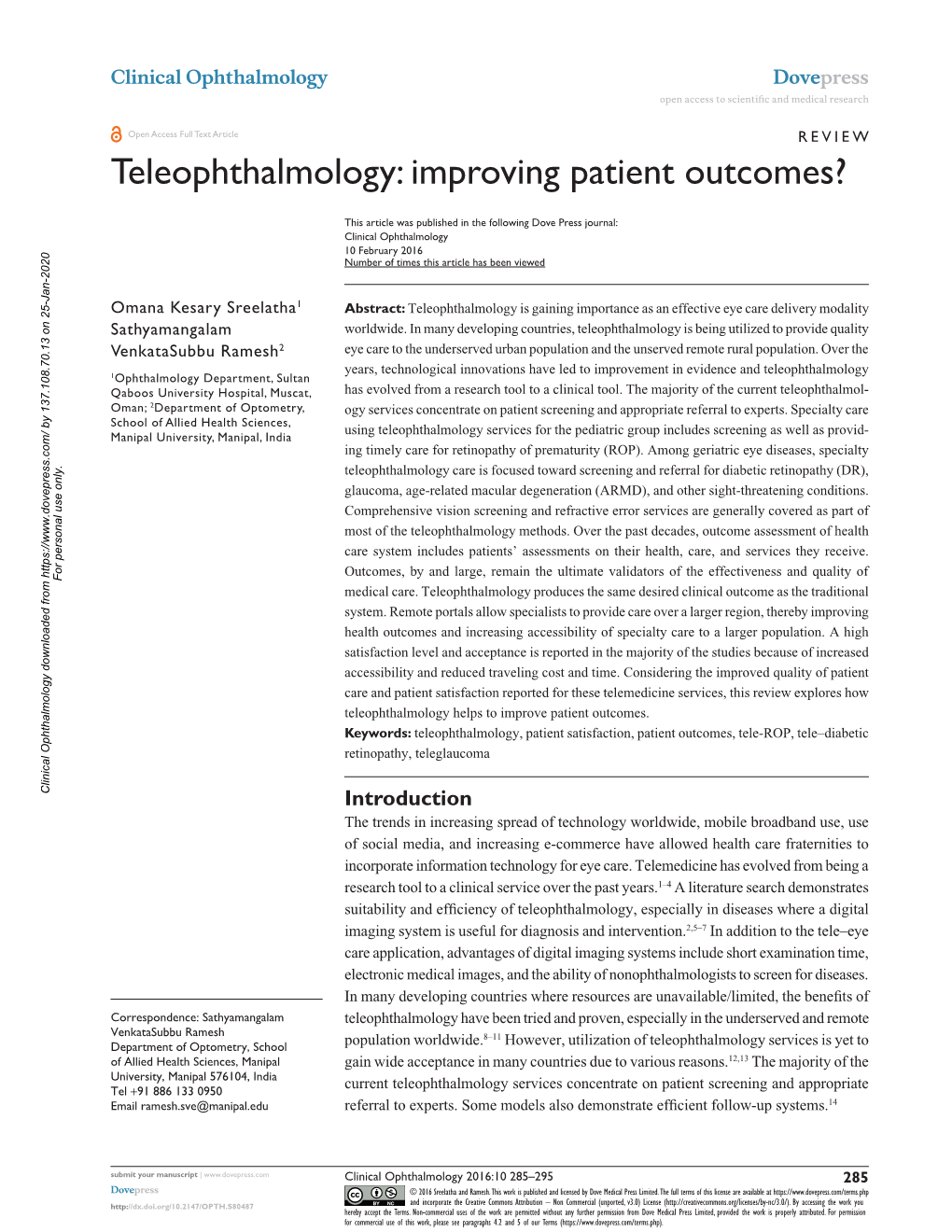 Teleophthalmology: Patient Outcomes Open Access to Scientific and Medical Research DOI