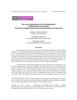 The Use of Digital Media for Social Mobilization in Marginalized Communities: the Case of a Mayan Socioenvironmental Movement in Guatemala