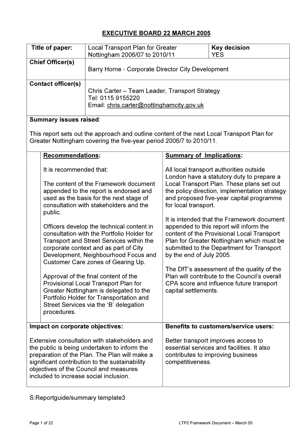 EXECUTIVE BOARD 22 MARCH 2005 Title of Paper: Local Transport